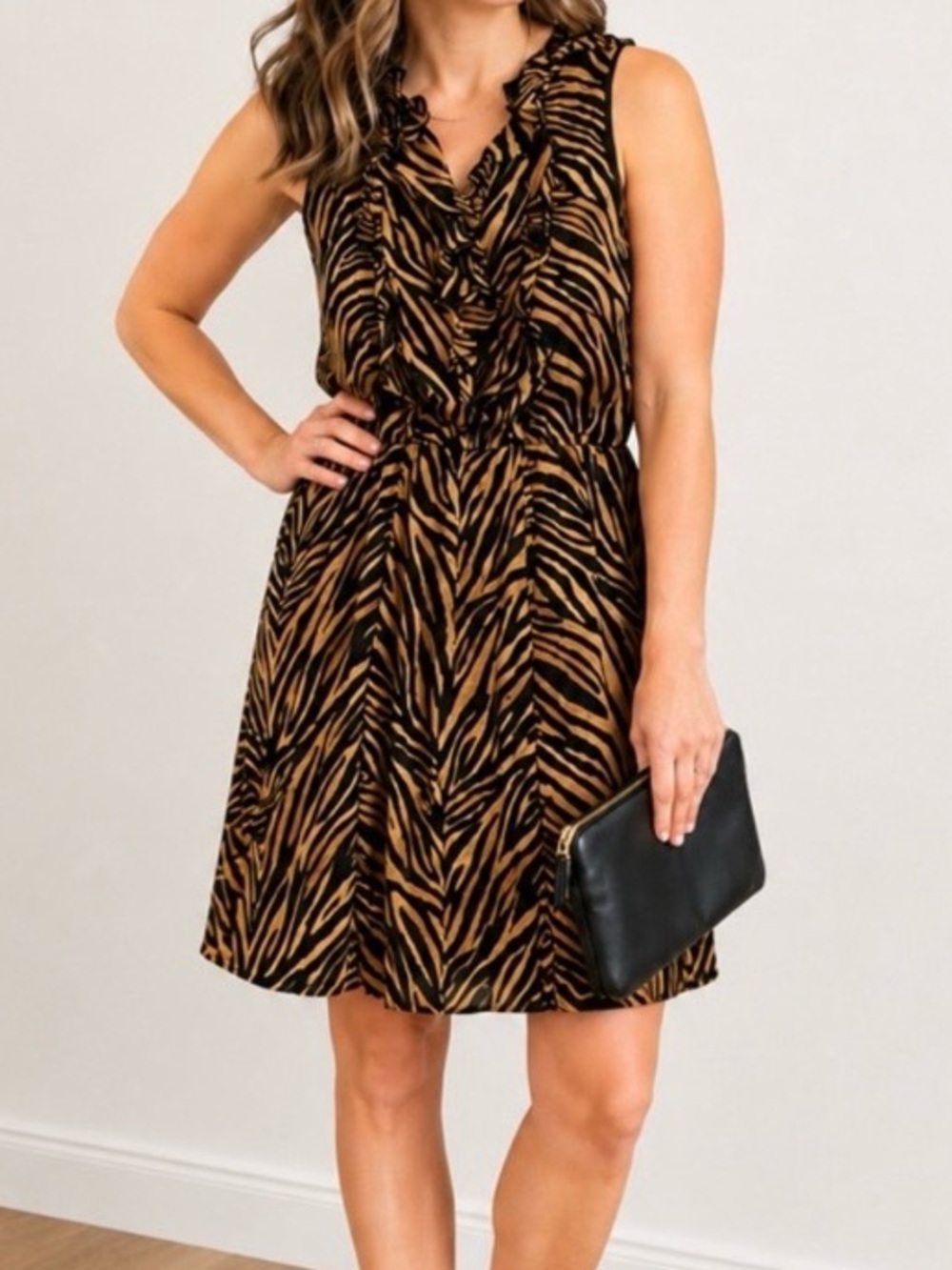 White House Black Market Silk Sleeveless Tiger-Print Ruffle Neck Dress